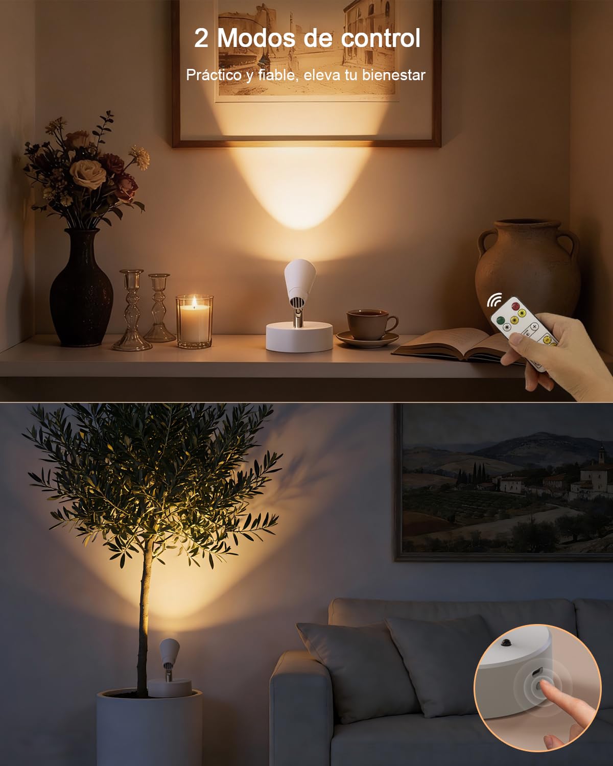 Lámpara de pared LED con Recargable 5000mAh, 2Pack USB Foco Recargable 350° Giratorio de 3 Colores Atenuación Continua con Control Remoto Táctil pare Planta, Obras Arte, Habitación, Estar
