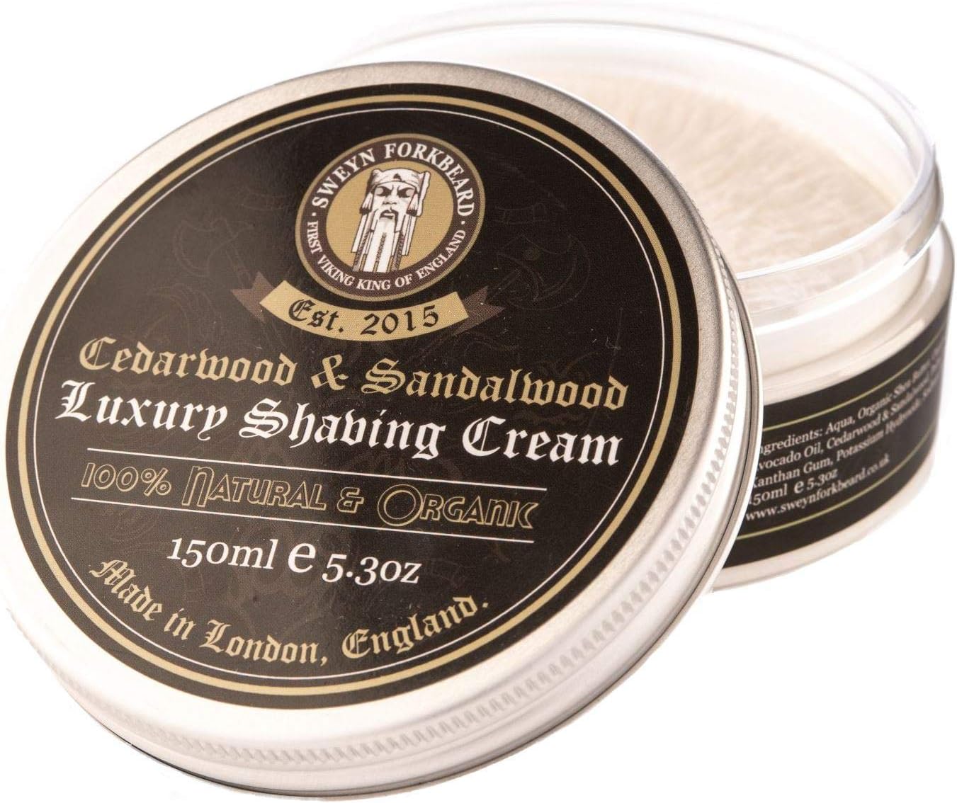 Organic Shaving Cream Cedarwood & Sandalwood Sweyn Forkbeard 150ml - 100% Organic Shaving Cream for Men Made in London