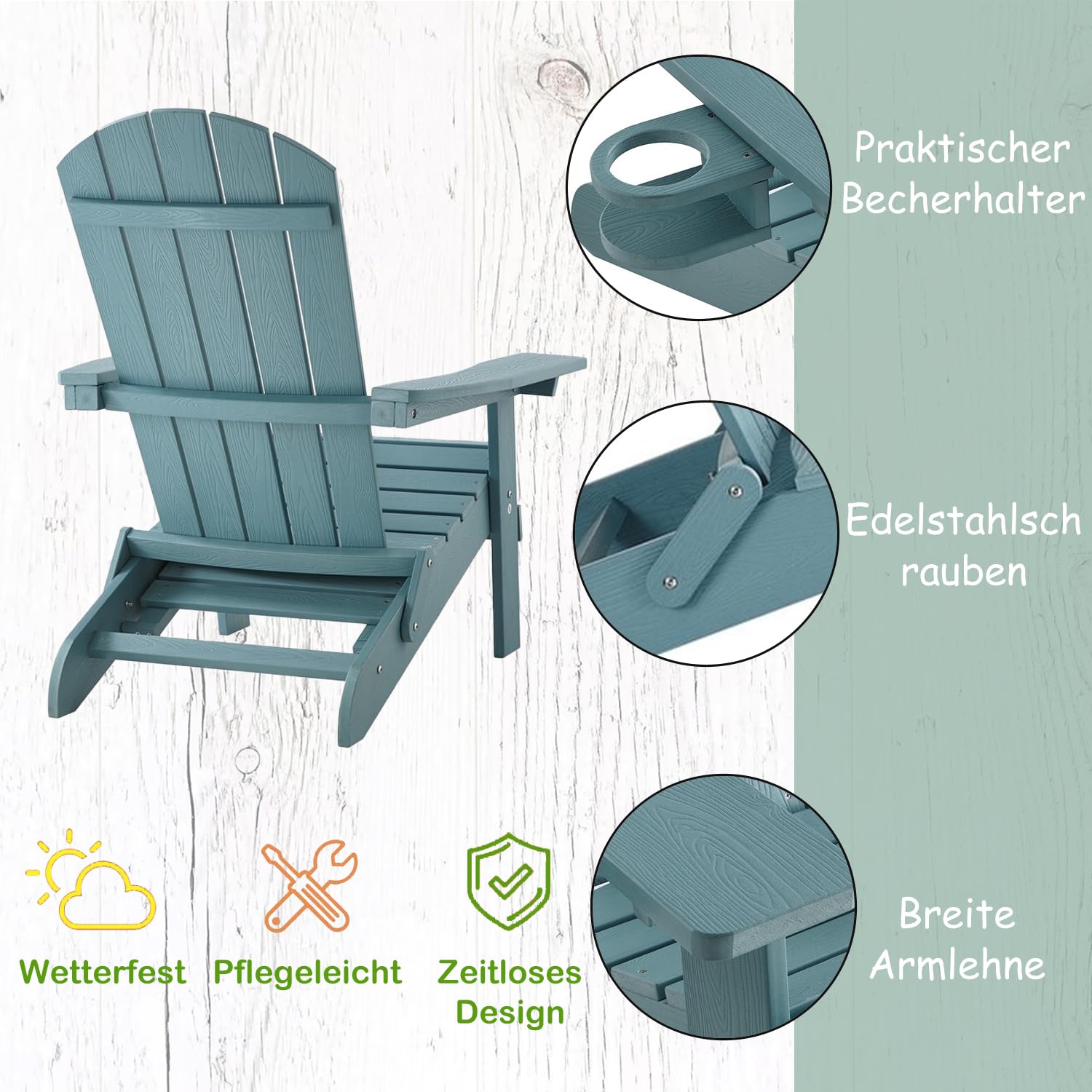 Ogarden Adirondack Loungesessel Arizona, Mit Fußschemel, Getränkehalter, HIPS Kunststoff, Holz-Optik - für Balkon, Terrasse, Rasen, Kamin (Grün)