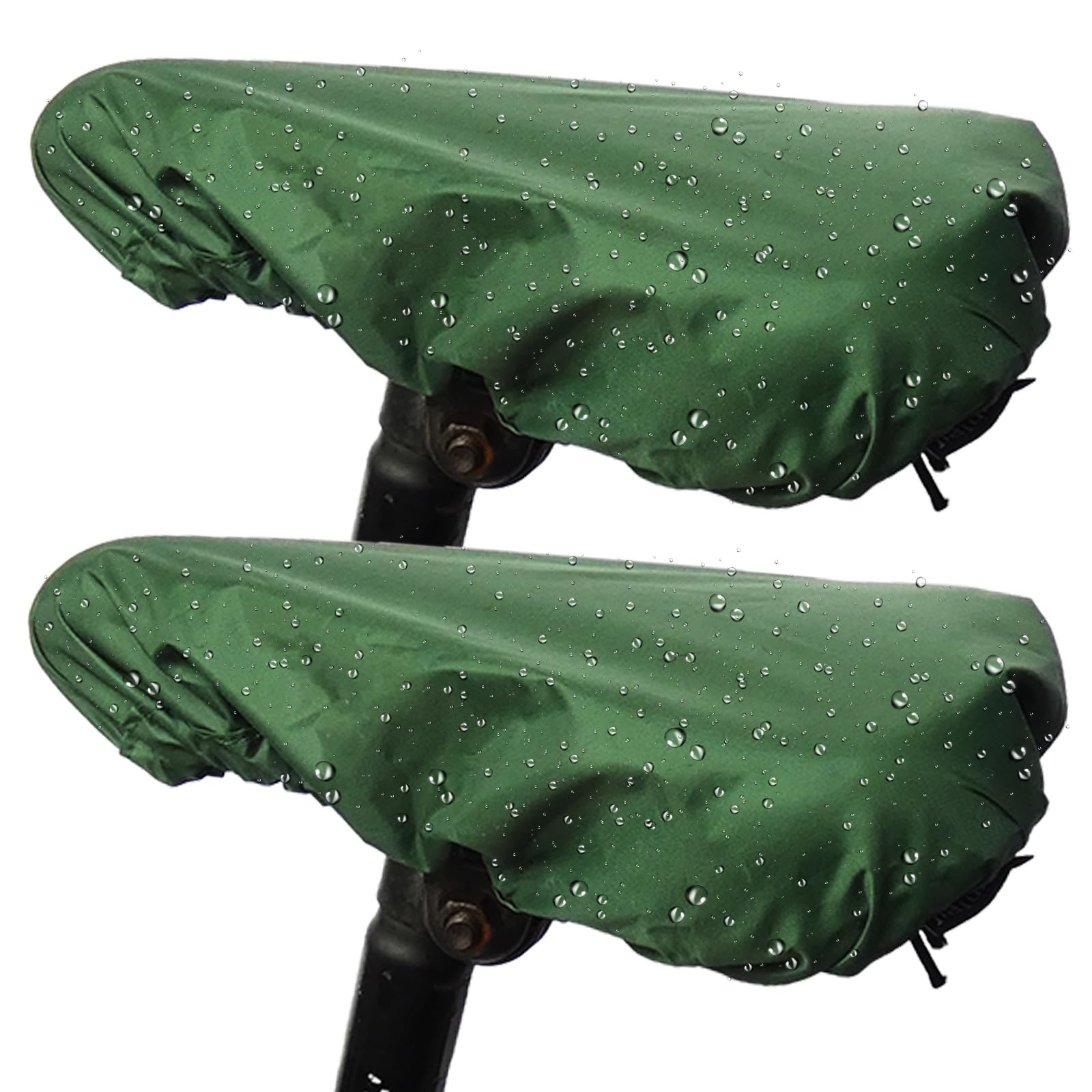 2-Pack Bicycle Saddle Rain Covers—UV-Protective, Waterproof, Dustproof, and Windproof; Fits Mountain, City, and E-Bike Saddles; Secured with Elastic Straps and Snap Clips; All-Season Use;Green