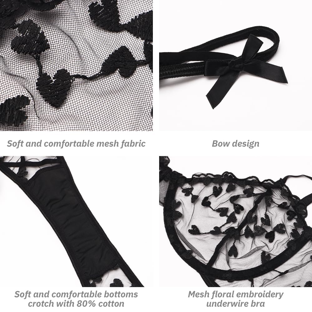 Conjunto de lencería Sexy de 2 Piezas para Mujer con Bordado Floral de corazón, Sujetador con Aros de Media Copa y Tanga, Sujetador Transparente de Malla para Mujer, Tanga a Juego, Bragas, Conjuntos