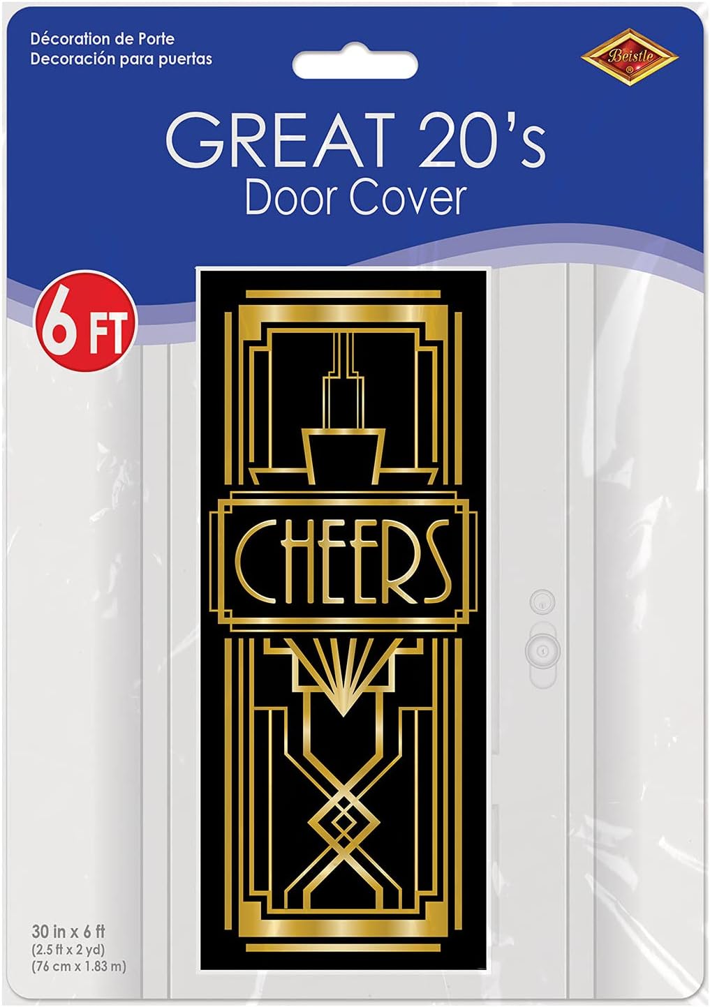 Beistle Plastic Cheers Door Cover, Black & Gold Roaring 20's Party Decor, Gatsby Jaz-Themed Birthday Party Supplies, New Years Eve Decorations, 6’ x 30”