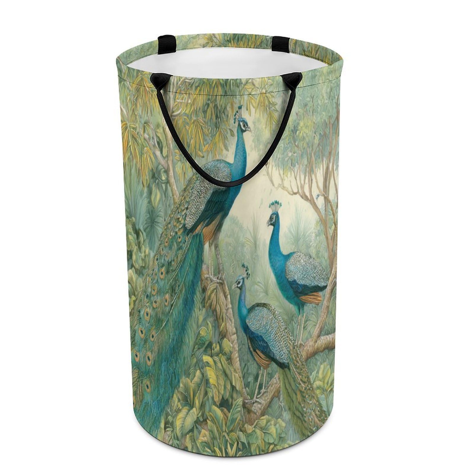 LUYYSKY Beautiful Elegant Birds Peacocks Versatile Storage Laundry Basket, Mid Century Classic Botanical Branch Animals Peacocks Pattern Large Capacity Bathroom Hamper With Handle
