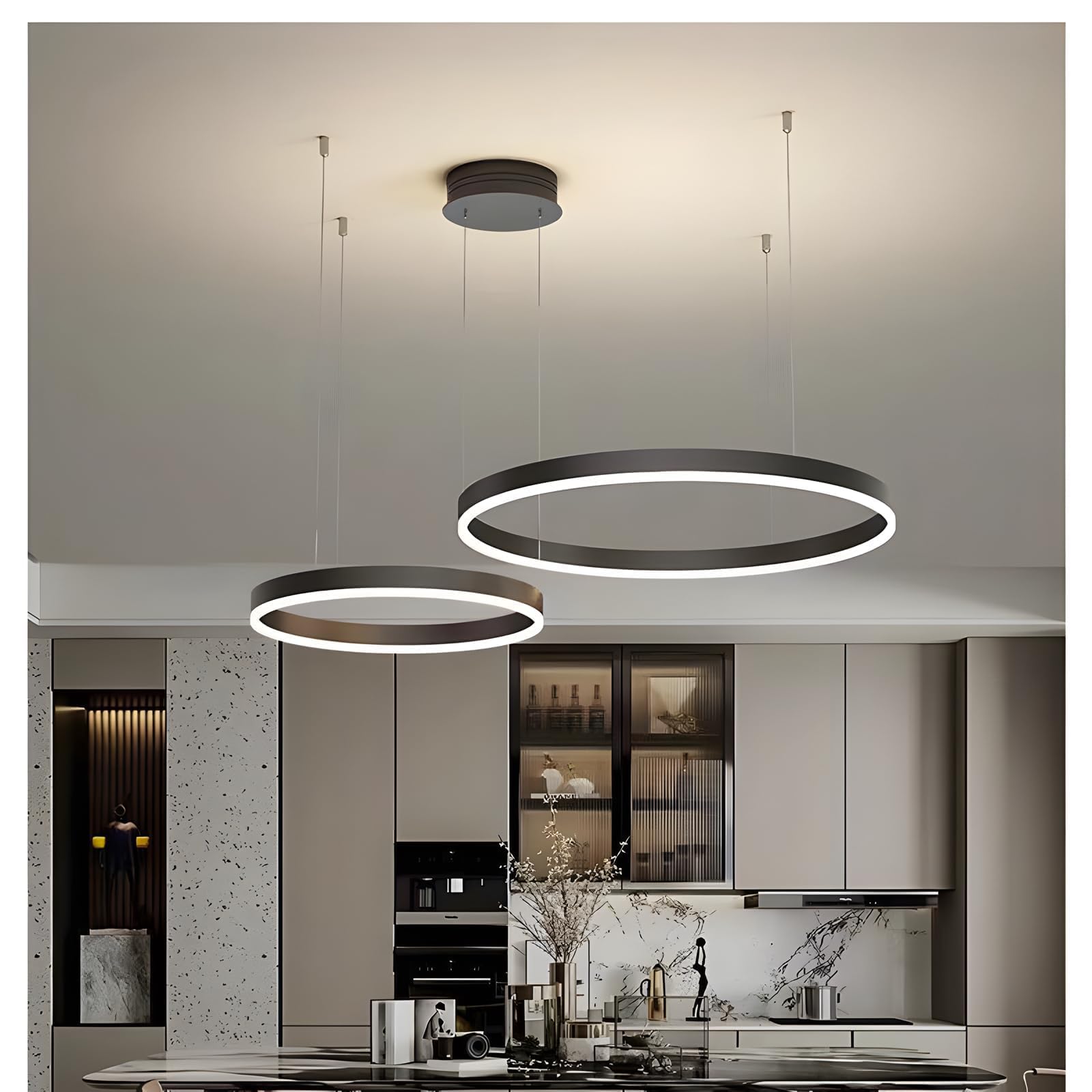 LED Żyrandol Metalowy | 2 Koła 40+60cm | 40W Lampa Wisząca Sufitowa Pierścieniami, Pilot Możliwością ściemniania 3000-6000K Lampa Wisząca Akrylowym Kloszem Sypialnia Przedpokój Czarny