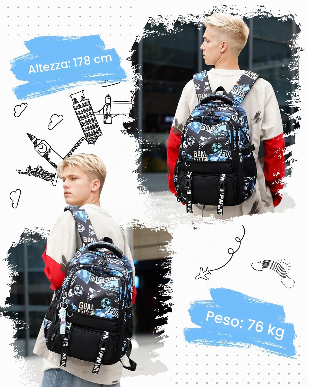 Tanou Zaino Scuola Media e Superiore, Zaini Ragazzo da Calcio | Zaino Casual per Adolescenti Ragazzi 12-19 anni, Grande Capacità in Nylon per la Scuola Viaggio, Nero/Blu