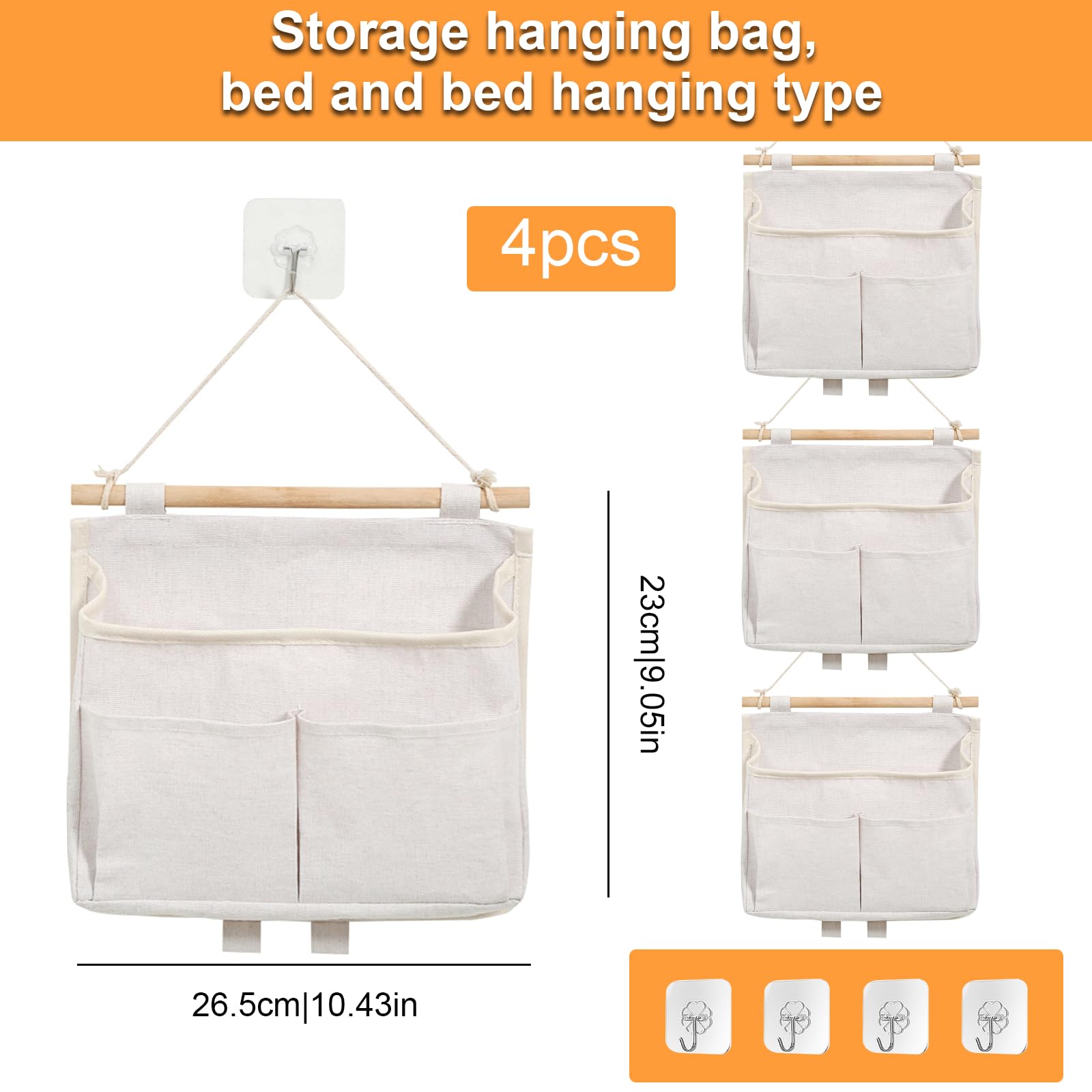 ZITUZY 4 Pieces Wall Hanging Storage Caddy Bag, Wall Hanging Storage Bag with Wooden Sticks, High Capacity Wall Hanging Storage, for Fmily, Offices, RV Suspension Storage (Beige)