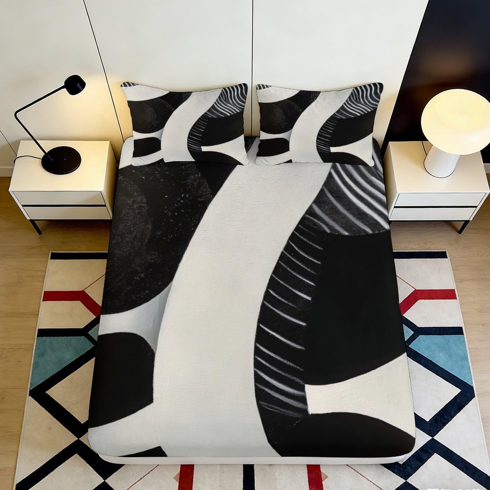 3D Printed Abstract Monochrome Fitted Sheet Microfiber Soft Modern Geometric Mattress Cover for Bedroom Guest Room Decor 200x200x25cm