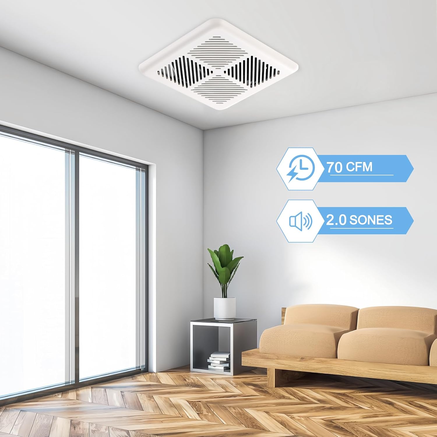 Image showing the dimensions of the fan housing and grille, along with Energy Star, HVI, and UL certifications.