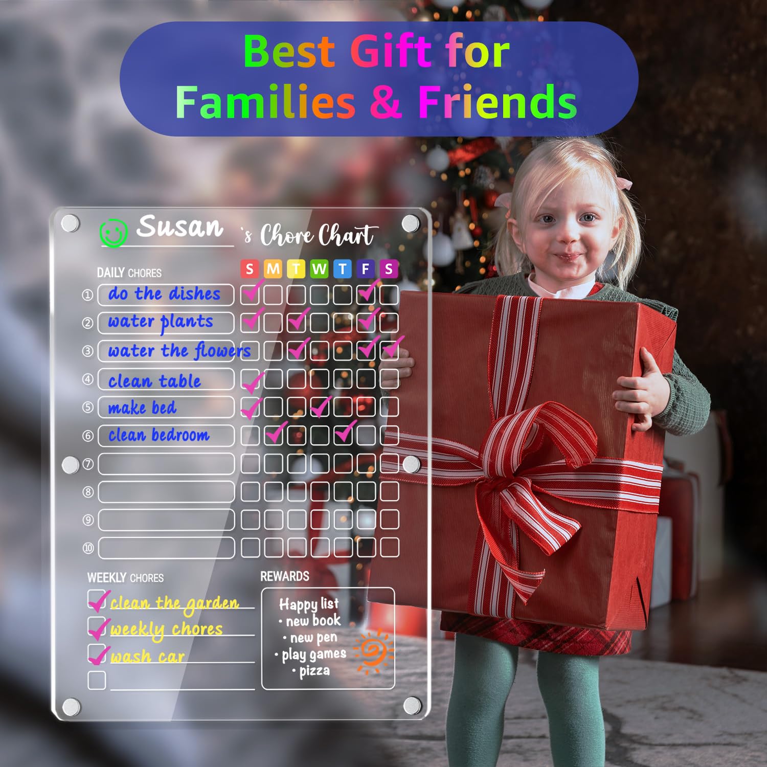 PigPotParty Magnetic Acrylic Chore Chart for Refrigerator, 12"x16" Clear Wet/Dry Erase Chore Board for Multiple Kids/Teens/Adults, 2PCS Reward Chart for Fridge, Includes 12 Markers/Towel/Pen Holder