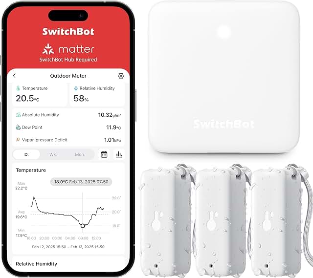 SwitchBot WiFi Thermo-hygromètre 3 Pièces avec Hub Mini, Thermomètre IP65, Capteur de température/de point de rosée…
