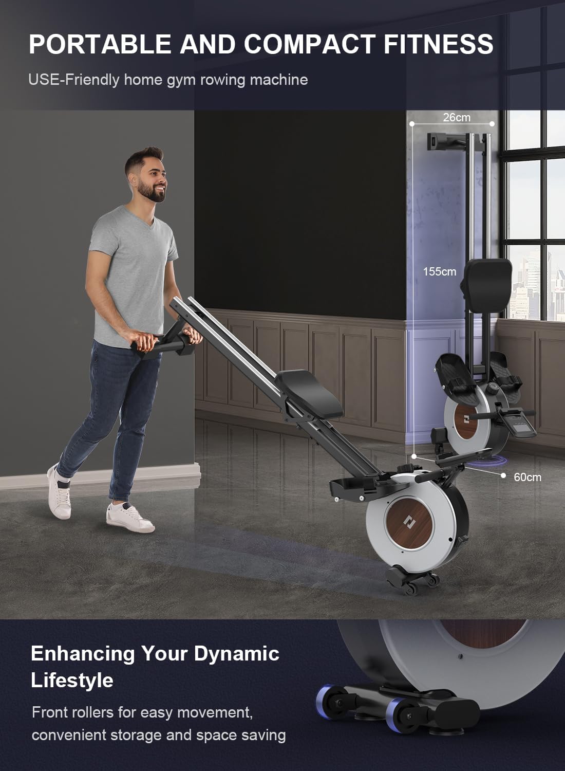 Neezee rowing machine being stored vertically to save space.