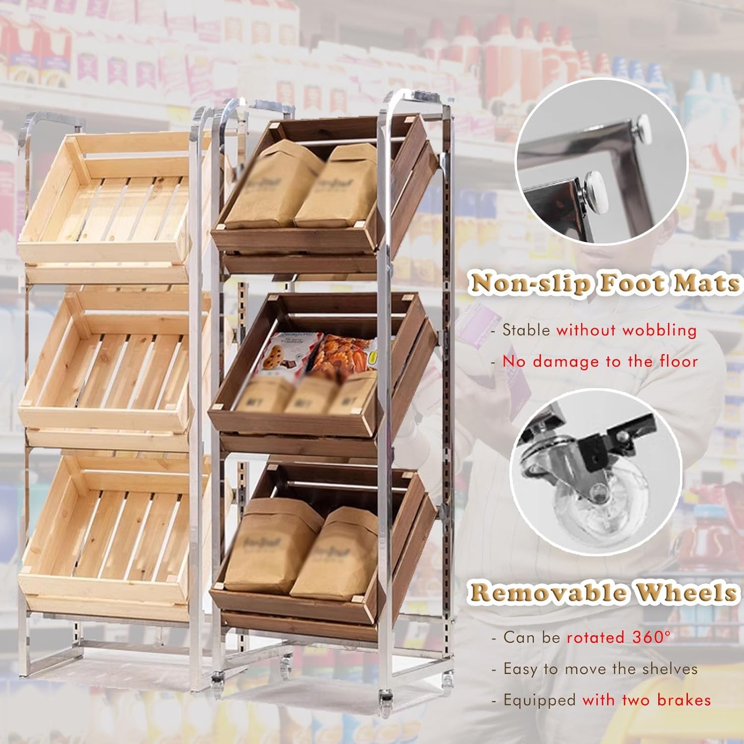 Retail Display Rack, Stainless Steel And Wood Fruit Vegetable Cart With Wheels 2 Or 3 Tier Walnut(Wood,3 tier)