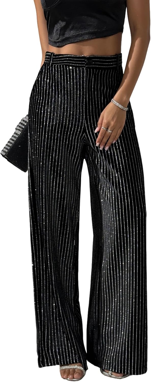 heipeiwa Women's Stripes Velvet Palazzo Pants High Waist Wide Leg Sparkle Shiny Sequin Glitter Trouser
