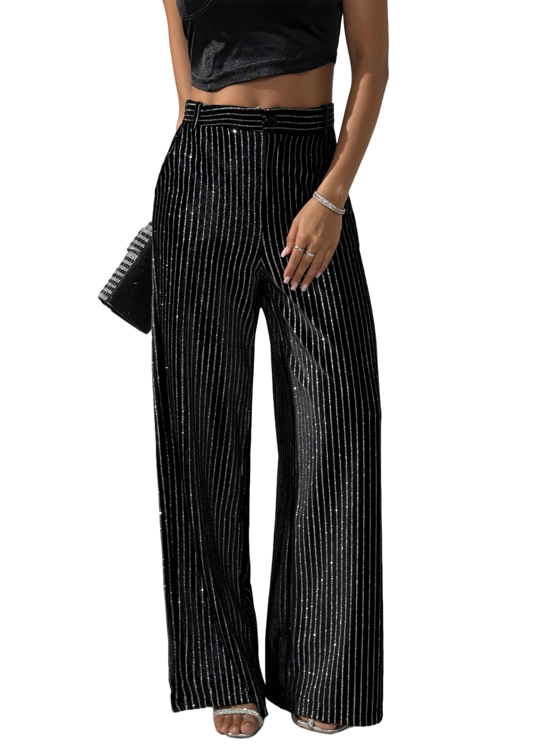 heipeiwa Womens Stripes Velvet Palazzo Pants High Waist Wide Leg Sparkle Shiny Sequin Glitter Trouser