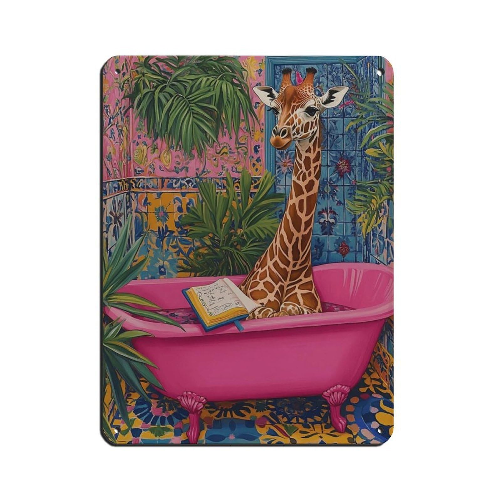 Quirky Giraffe in Bathtub Bathroom Retro Poster Metal Tin Sign Chic Art Retro Iron Painting Bar People Cave Cafe Family Garage Poster Wall Decoration 12x16inch(30x40cm)