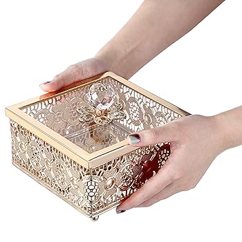 Amazon.com: Hipiwe Vintage Gold Jewelry Box with Glass Lid