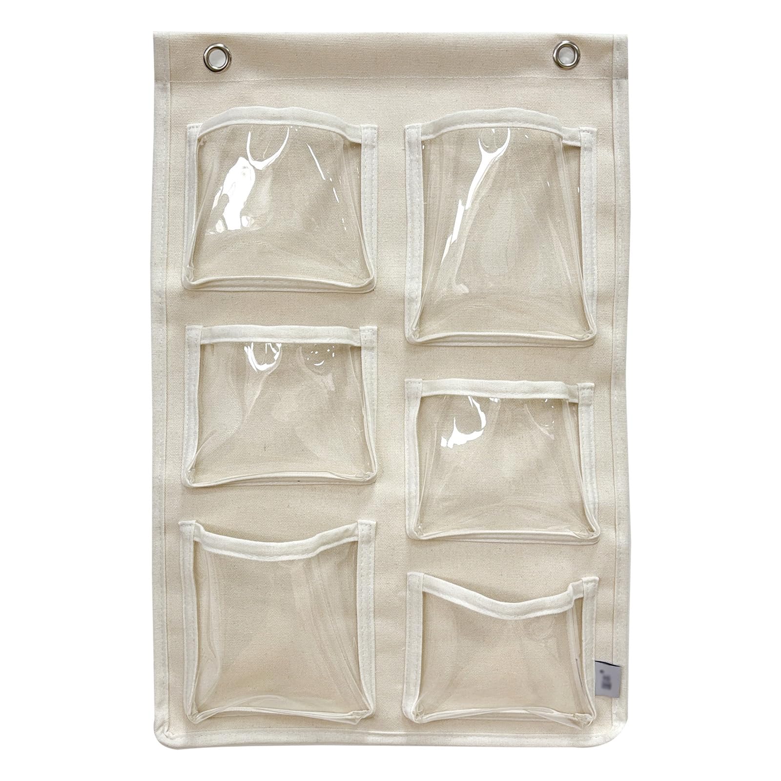 MOVEBO Wall Mounted Storage Organizer, 6 Clear Pockets With 2 Hooks, Canvas Hanging Organizer for Office and Home, Beige