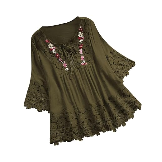Women Cotton Linen Embroidered Tops Loose Fit Tunic 3/4 Sleeve Summer Blouse Shirts Boho Peasant Trendy Clothes 2024