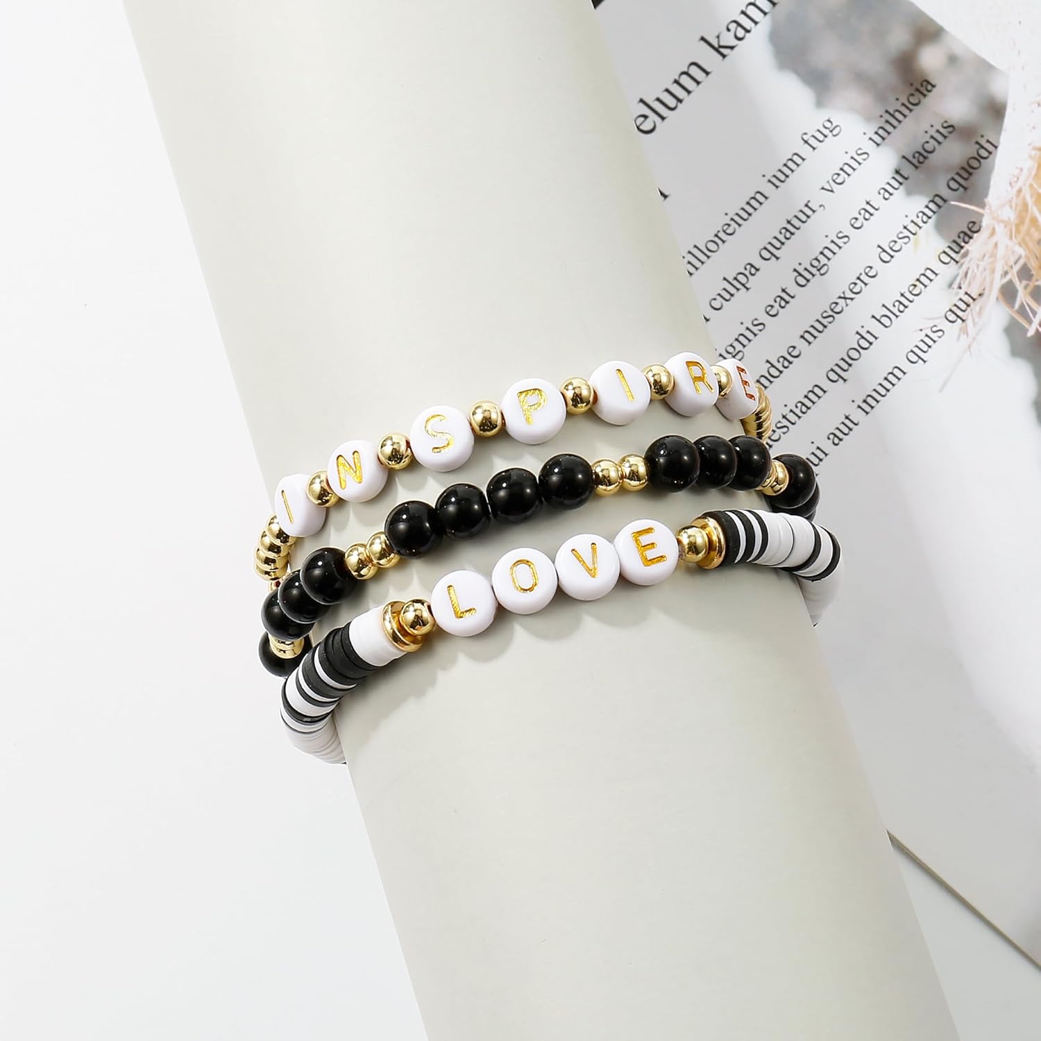 Elegance 11 designs Teacher Appreciation Black White And Gold Bracelet Inspirational Heishi Preppy Layered Stacked Bracelet Love Retirement Best Teacher School starts Graduate Gifts - Image 4