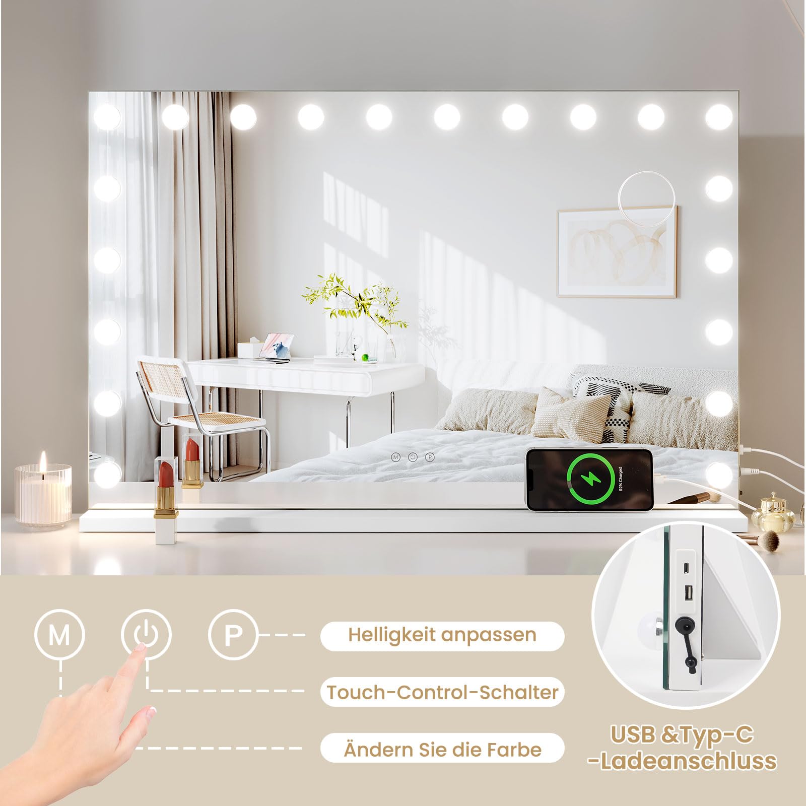 Dripex Hollywood Schminktischspiegel, Schminkspiegel mit 20 Lampen und 3 Farbtemperatur Licht, Kosmetikspiegel mit Touch Steuerung, 90 x 60 cm Weiß, Aufstellung oder Wandmontage