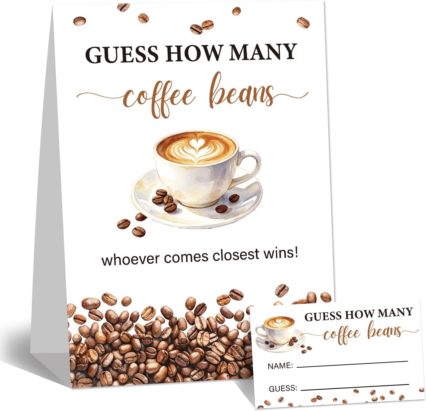 Love is Brewing Coffee Baby Shower Games, Bridal Shower Decorations, Guess How Many Coffee Beans are in the Jar, 50 Cards and 1 Sign - Birthday Wedding Party Games & Activities -lika001