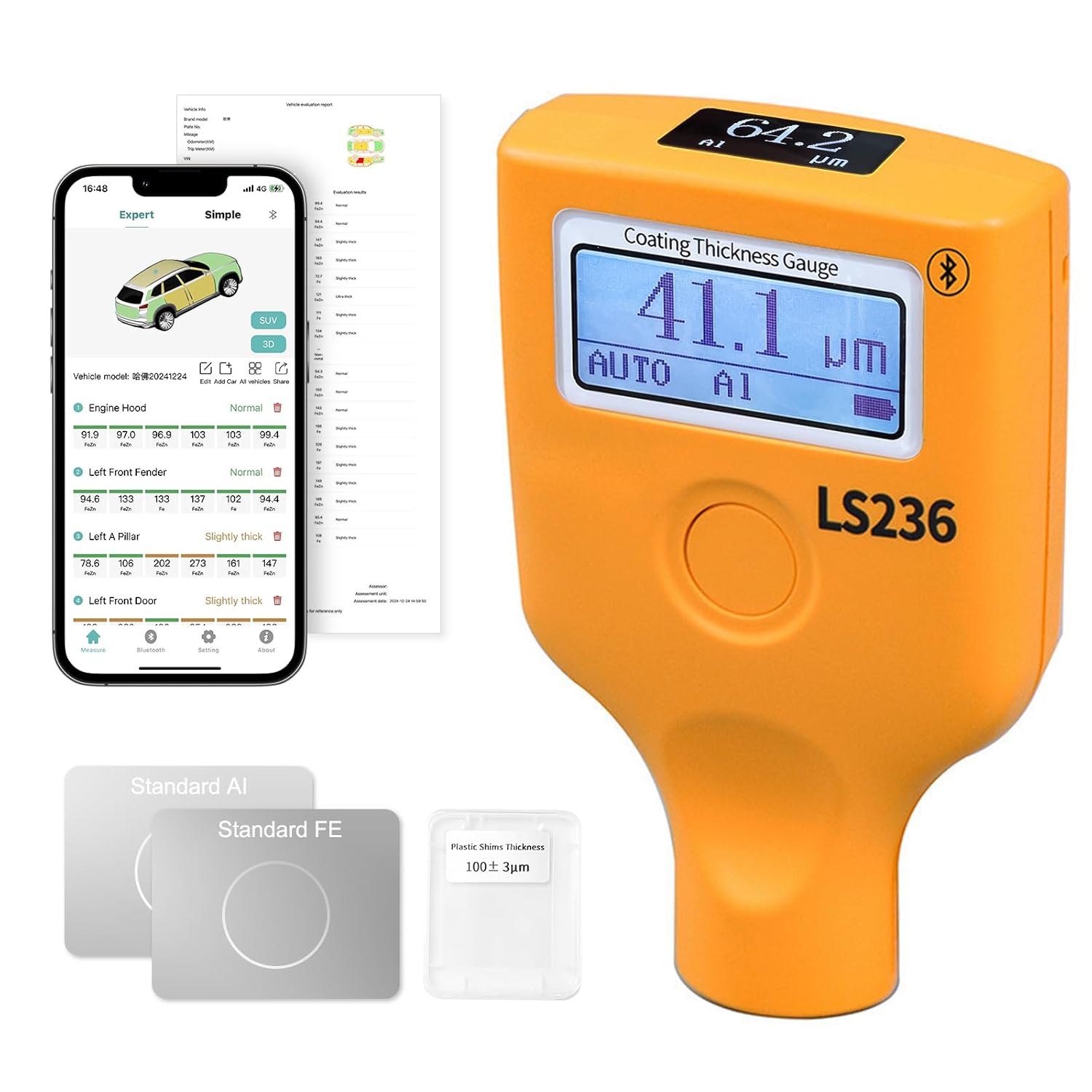 Paint Thickness Gauge for car with APP, One-Click Vehicle Report Al/Fe/Non-Metal Auto Detection, Dual Display 0–5000μm Car Paint Thickness Tester Pen(Ruby Probe)