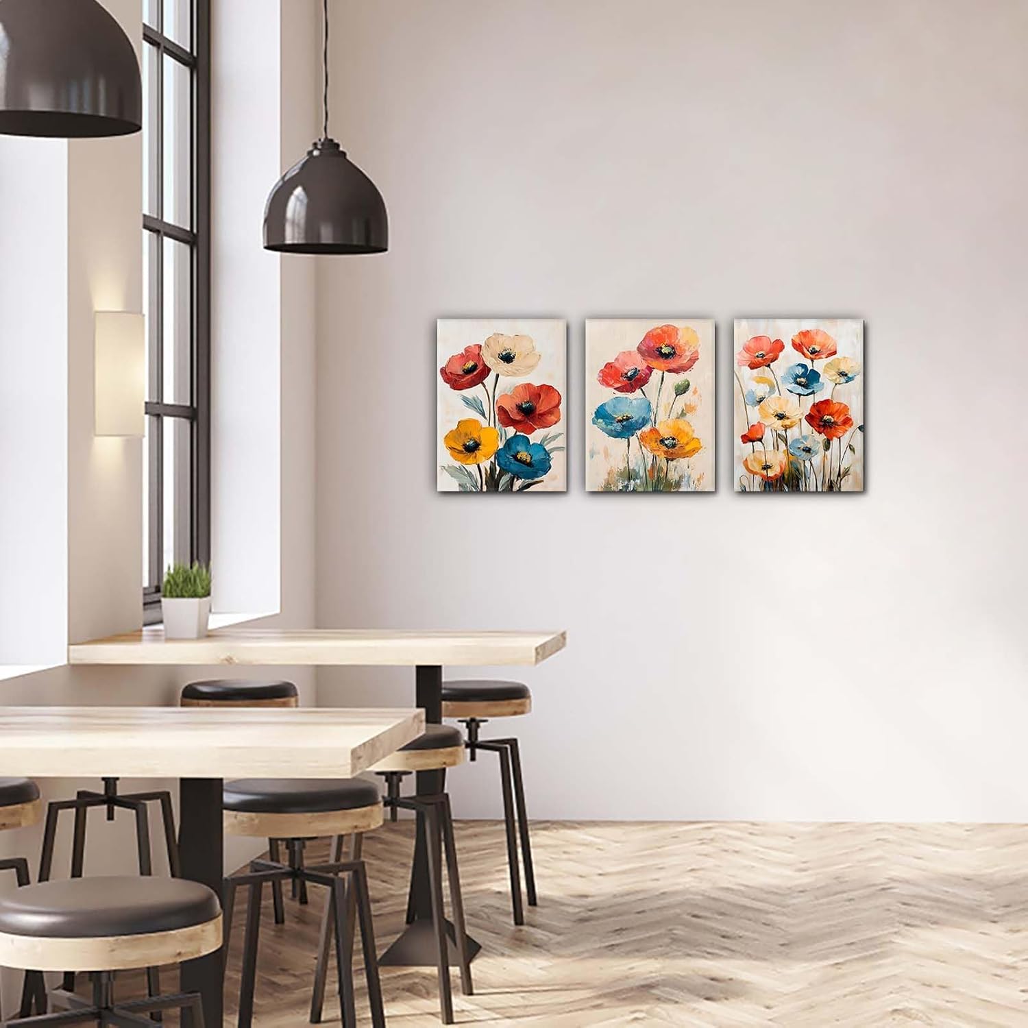 ChaudArt 3 Pieces Flower Canvas Wall Art Colorful Floral Picture for Bedroom Blue Yellow Red Wildflower Canvas Decor Nature Scenery Print Room Decor