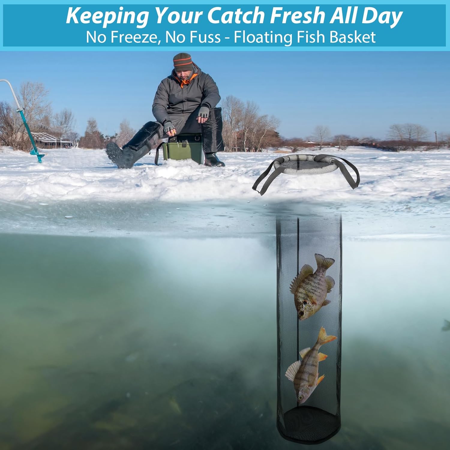 QualyQualy 2-Pack Ice Fishing Live Well, Floating Fish Basket for Live Fish Bait Bucket, Foldable Rubber Coated Fish Bag for Live Caught & Minnow Bucket| Fits All Ice Holes, Carabiner Included