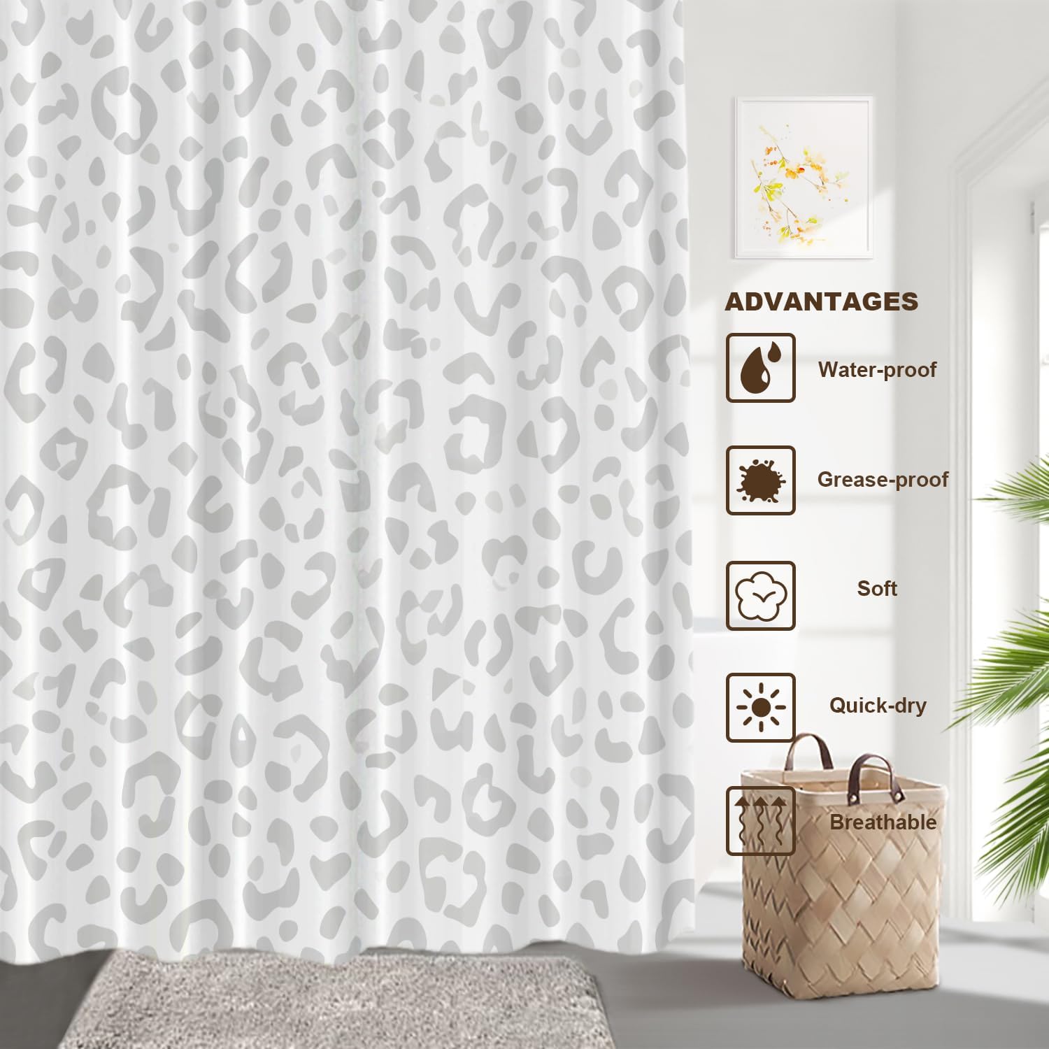 Grey Leopard Print Decor Shower Curtain Set,Animal Nature Cat Wildlife Fur Polyester Shower Curtain for Shower Stall Bathroom Waterproof with 12 Hooks 72x72 Inch