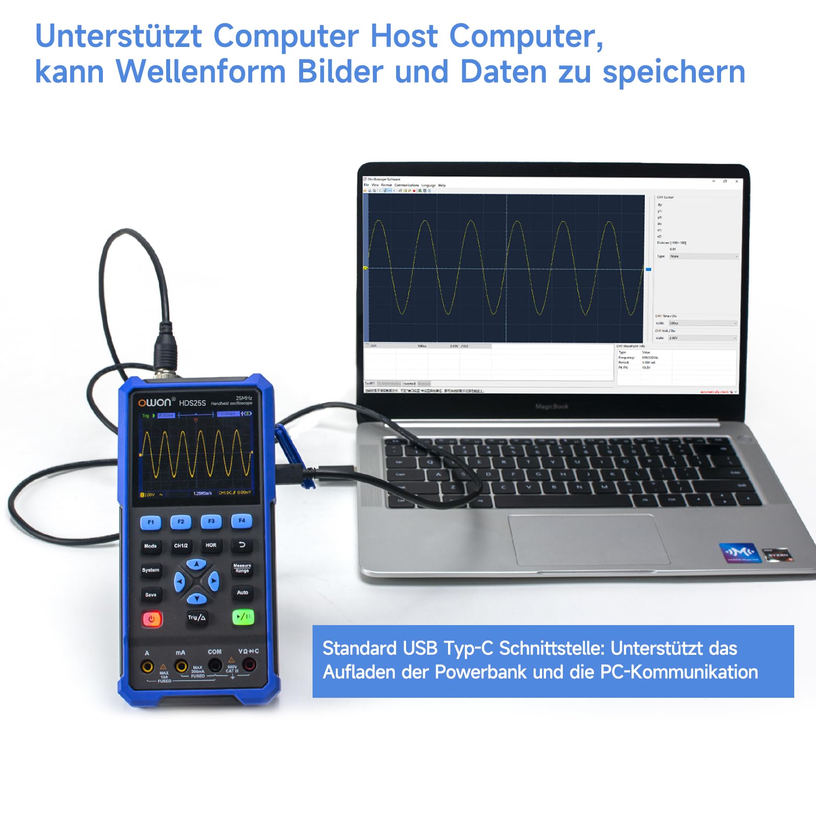 OWON Handoszilloskop, digitales Multifunktions-Oszilloskop-Multimeter, 20000 Zählwerte, tragbares 3-in-1-Universal-Testgerät, mit 3,5-Zoll-LCD-Bildschirmanzeige, 2 Kanäle, 25 MHz Bandbreite, HDS25S