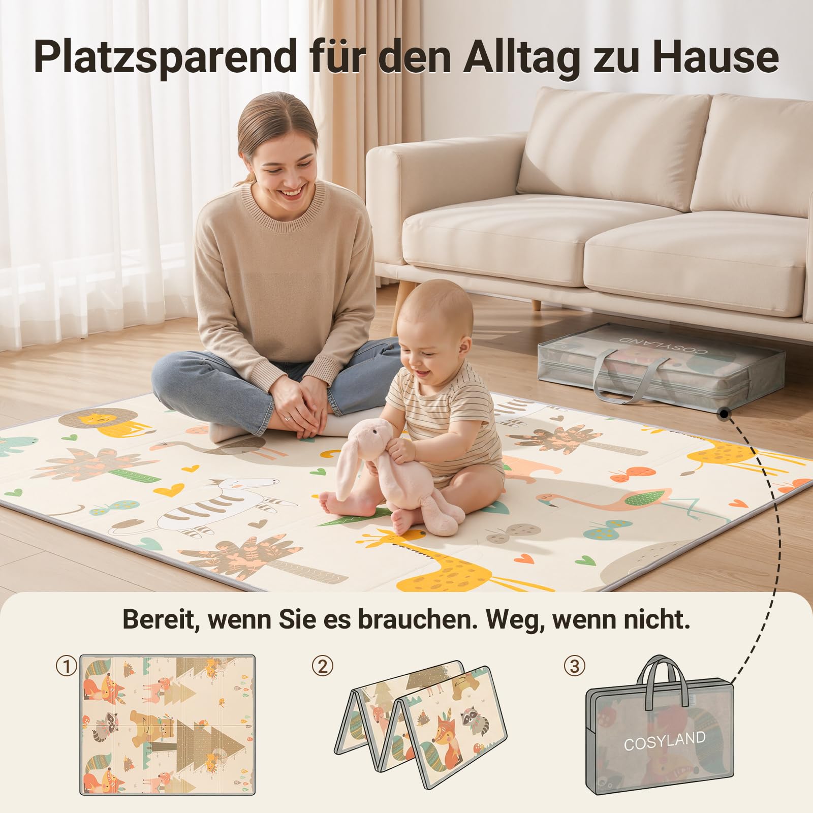 COSYLAND Krabbelmatte Baby Faltbar 120x180x1cm - Doppelseitige XPE Spielmatte Baby mit Schlafenden Tieren & Fuchs Bär Motiven, Weiche Babymatte Spielteppich für Kinder, Babygeschenk