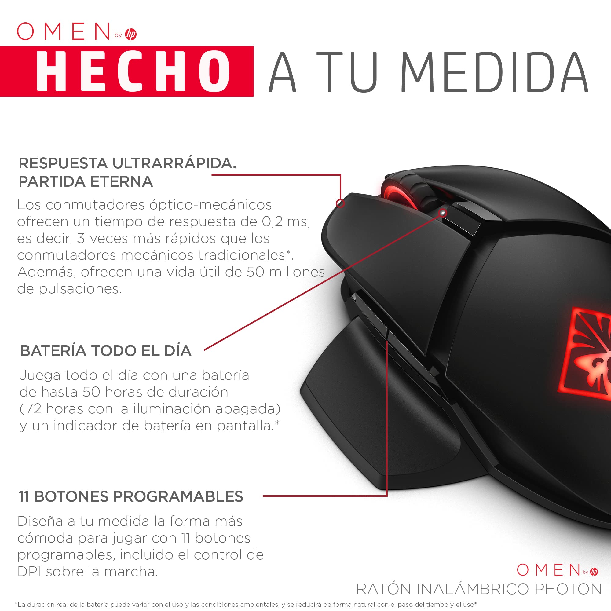 HP Photon Omen Ratón Inalámbrico Gaming - (100-16000 PPP, 11 Botones Programables, Batería Carga QI - Duración hasta 50 Horas, RGB LED, Windows 10 y Superior; MacOS 10.11 o Posterior), Color Negro