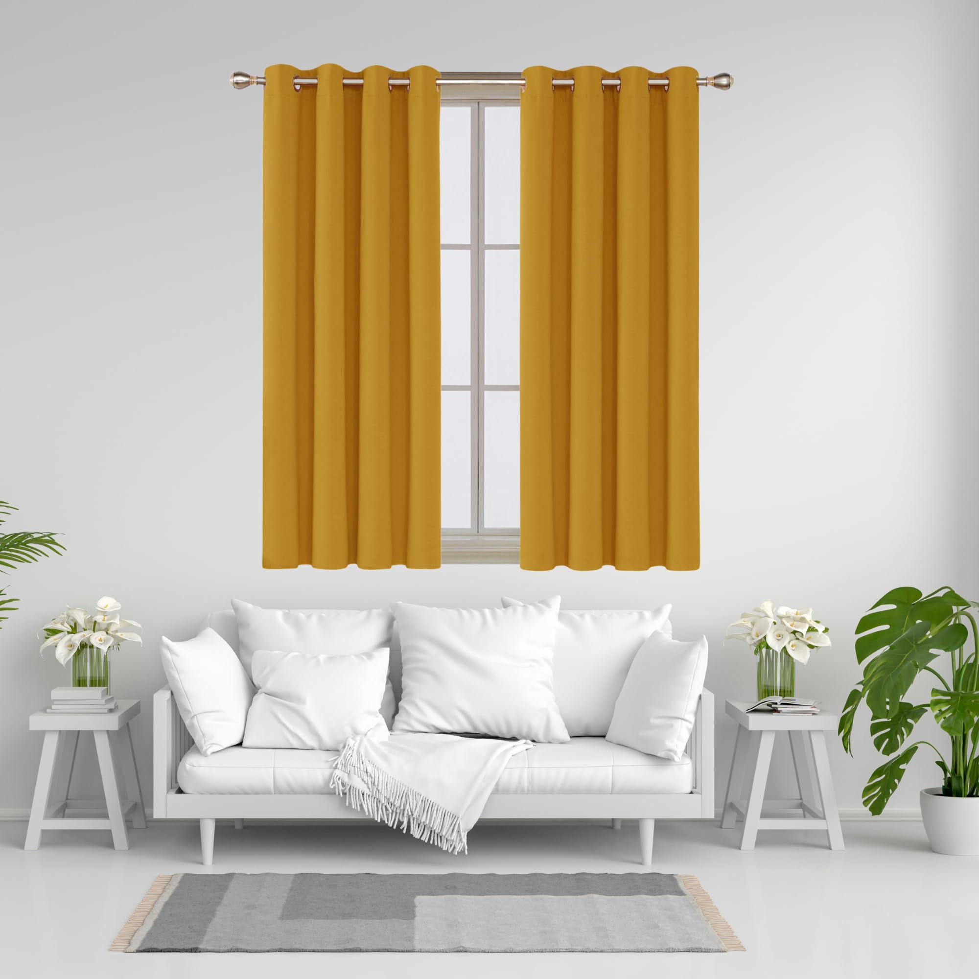 J.Din Blackout Curtains for Bedroom/Living Room, Black out super soft Thermal Insulated curtains & drapes, Ring Top Eyelet Curtain for window, 2 Panels with Tie backs (Ochre, 46" Wide x 90" Drop)