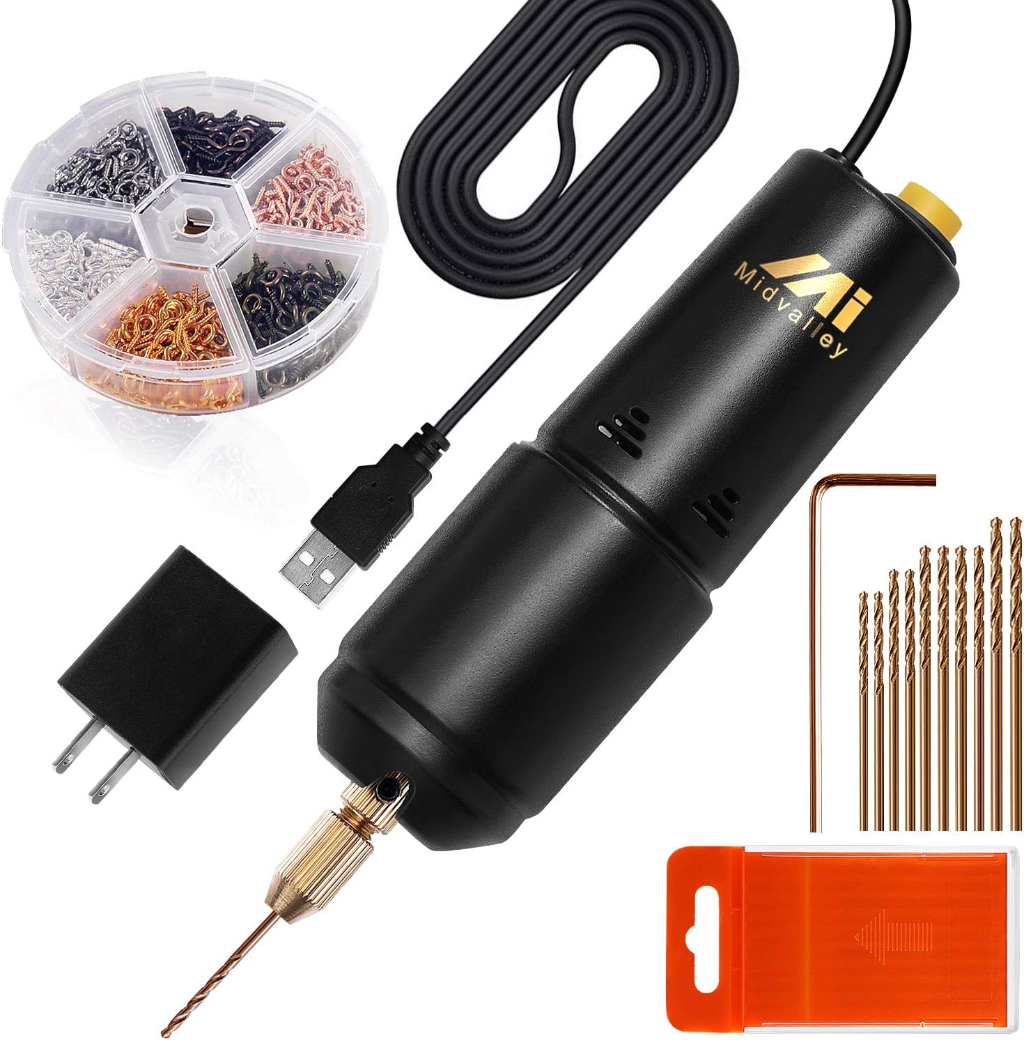 Electric Resin Drill Set, Midvalley Pin Vise Electrical Mini Hand Drill Kit with 10Pcs Twist Drill Bits (0.7-1.2 mm) Tool, and 600 Pcs Screw Eye Pins, for Resin Craft, DIY Jewelry Making Keychains