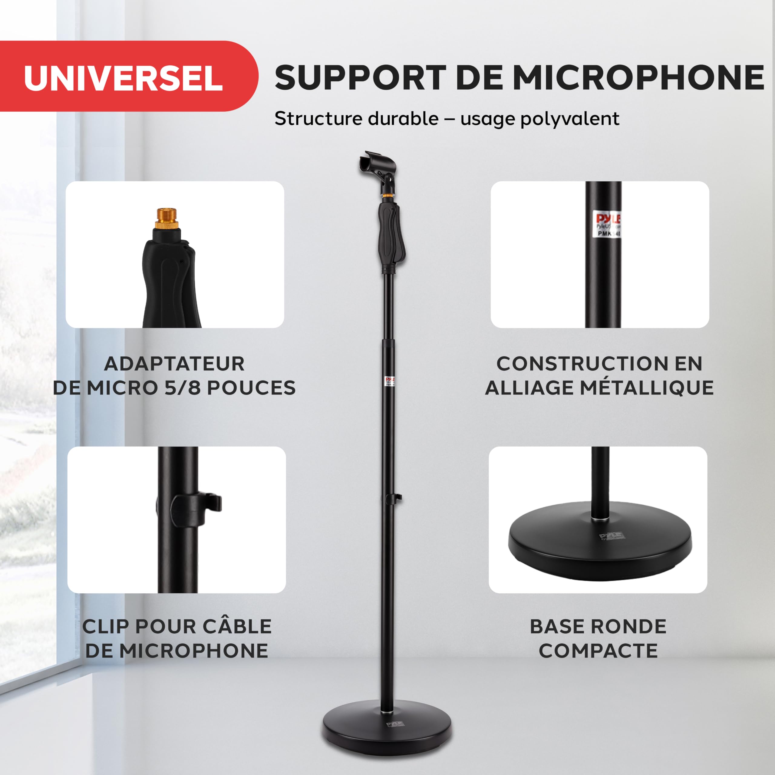 Pyle Support Microphone Universel Réglable 70-146 cm Base Ronde Lourde 5,34 kg Filetage 5/8 Studio Scène Podcast Karaoké