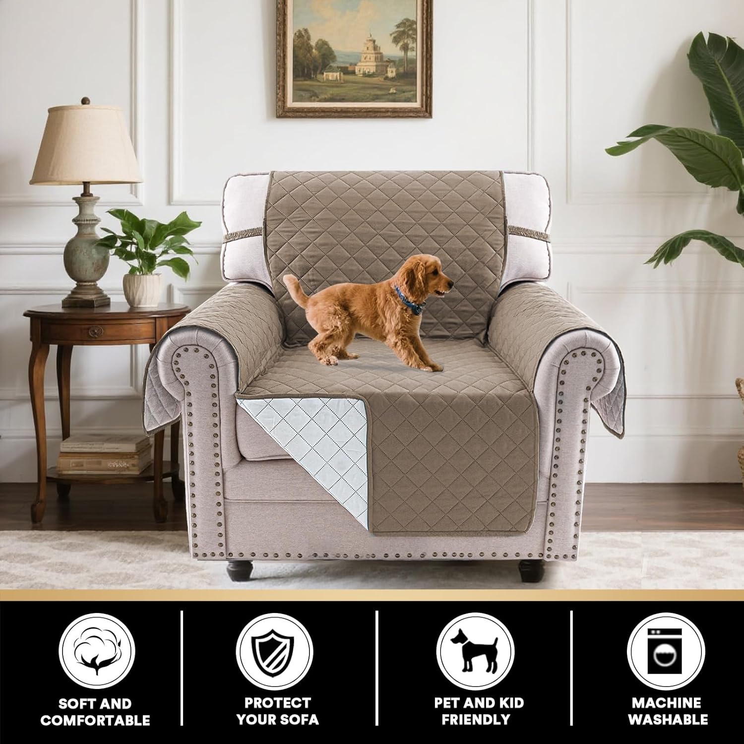 PrinceDeco Chair Slipcover Reversible Couch Cover Water Resistant Chair Cover Non Slip Couch Protector for Arm Chair Washable Furniture Cover with Elastic Straps for Pet(Armchair 21", Taupe/Beige)