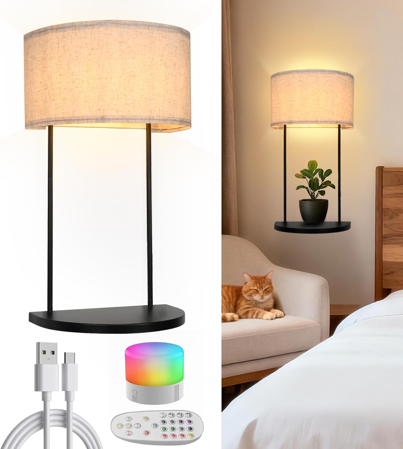 Wireless Wall Sconce with 5000 mAh Rechargeable Magnetic RGB Bulb & Remote Control, Battery Operated Metal Wall Light with Shelf for Bedroom Bedside Table or Living Room Decor