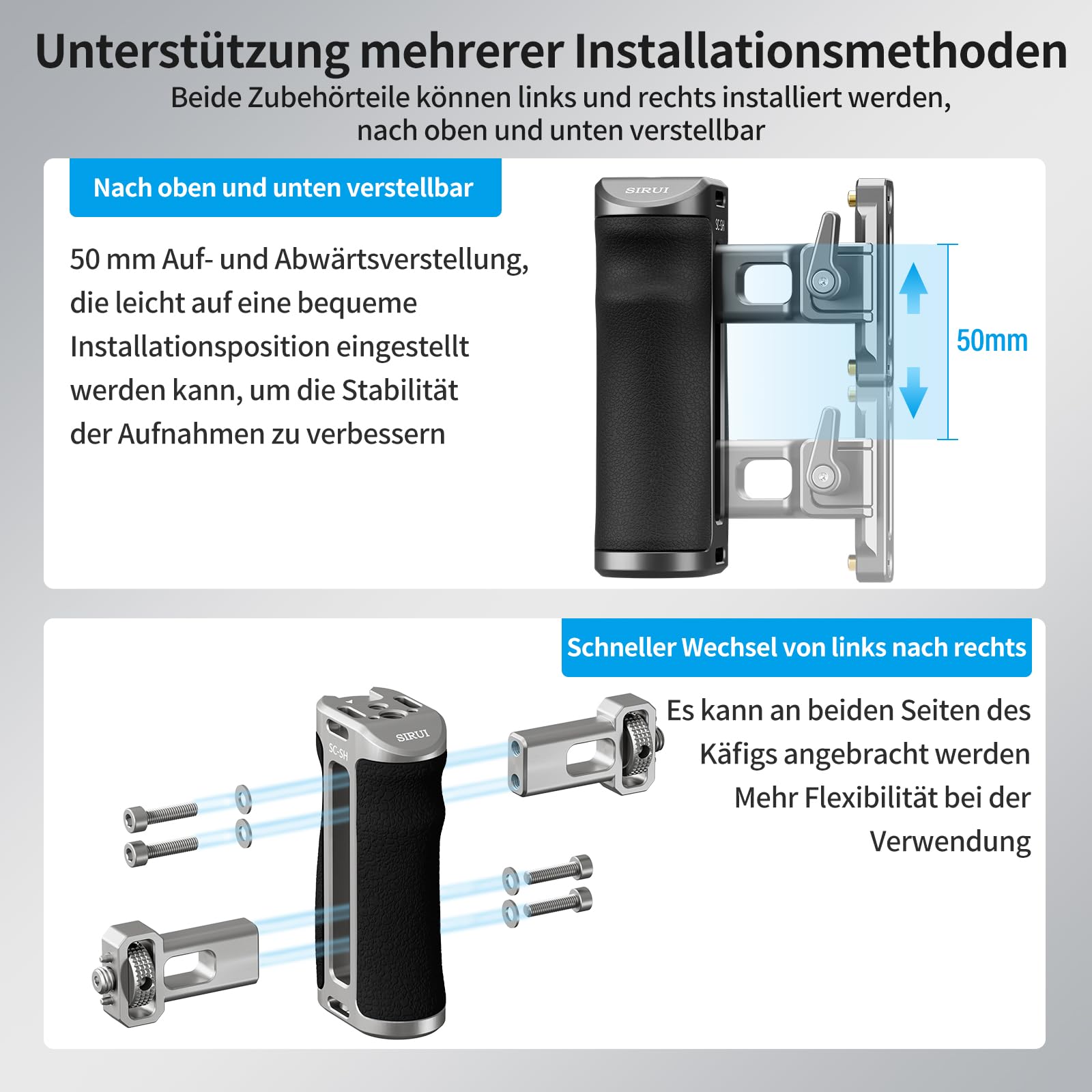 SIRUI Seitenhandgriff, Side Handle für Kamerakäfig, Zwei Befestigungsmöglichkeiten, NATO-Schiene, Fixierschraube, 3/8"-16 Schraube, 1/4"-20 Schrauben, rechts/Links verwendbar (SC-SH)