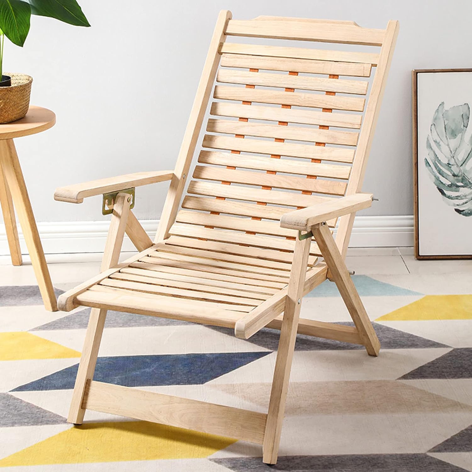 Wooden Deck Chair Patio Garden Outdoor Recliner Adjustable Headrest, Foldable Lounger Chairs Sun Lounger Reclining Day Bed (Wooden Chair)