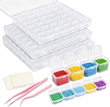 3 Set Diamond Art Storage Boxes with Lids Labels, Clear lidded organisers