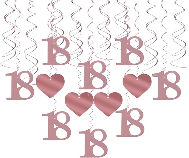 CHALA 24pcs Rose Gold 18th Hanging Swirls,Spiral Streamers Hang Decoration with Love Heart for Celebration Girl and Women Adult Birthday Party Decor Supplies
