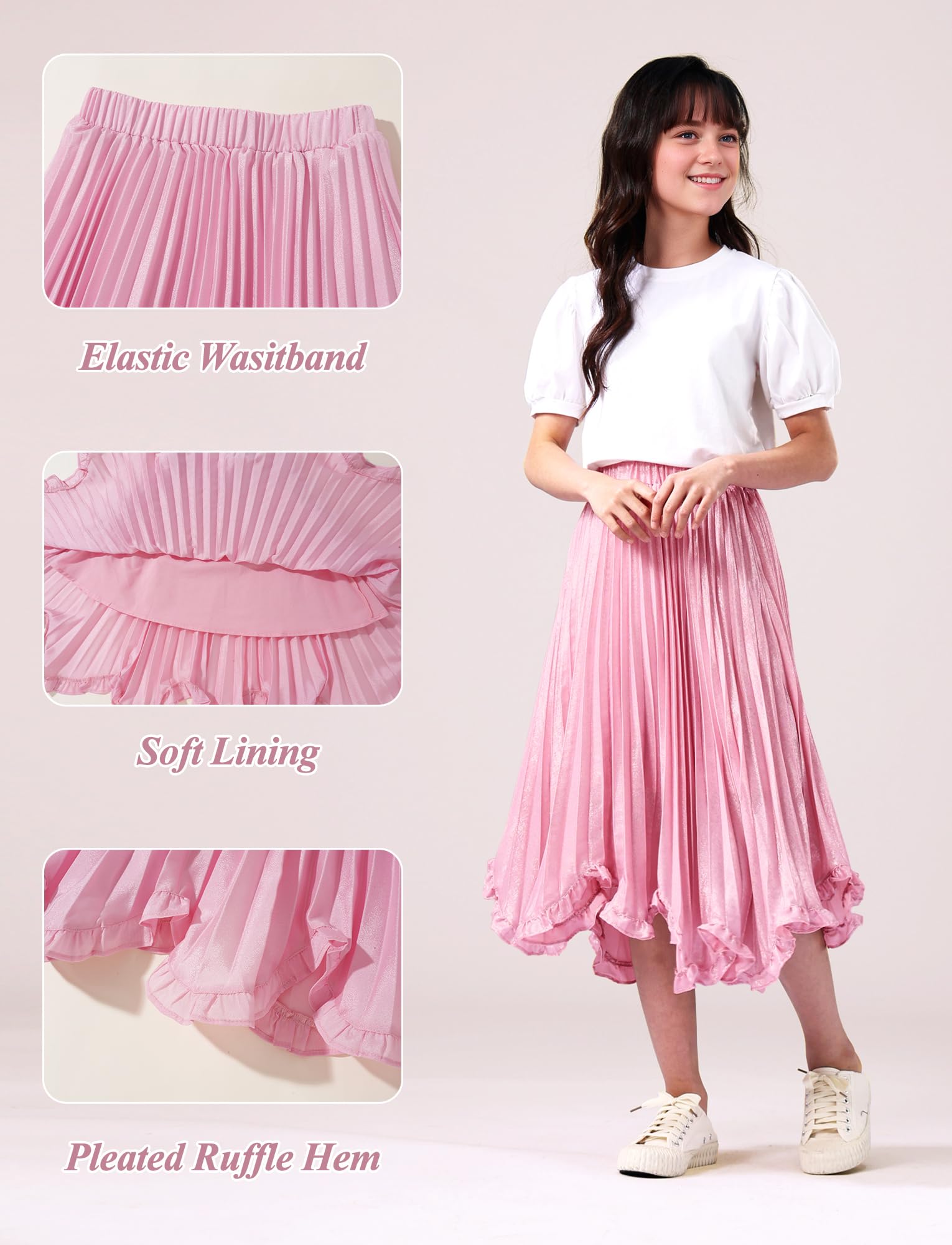 Happy Cherry Gonna a pieghe lucida da bambina, con elastico in vita, gonna lunga in chiffon, 4-16 anni