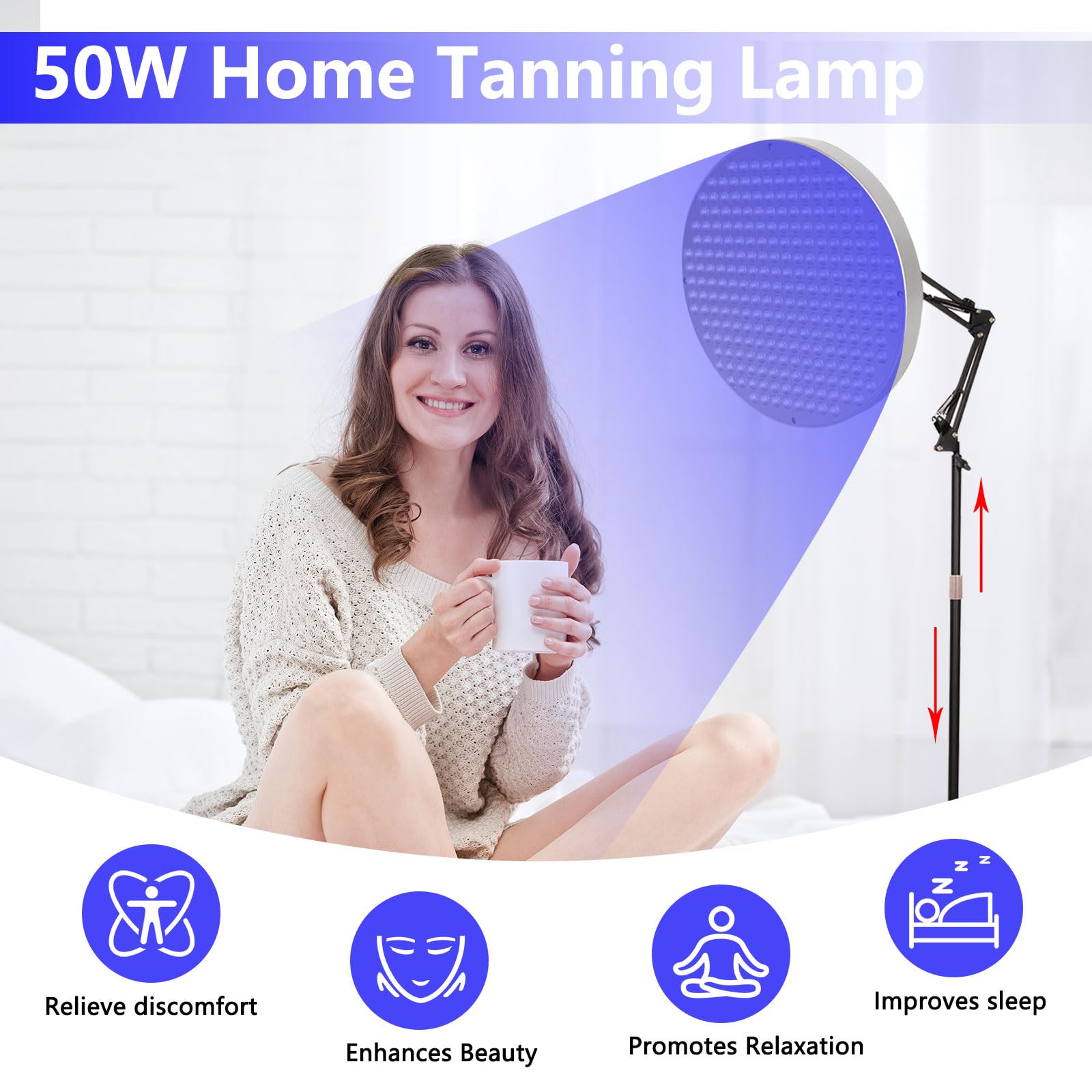 Solarium per la casa con luce blu da 460 nm e 250 LED, lampada abbronzante da 50 W, abbronzante viso portatile con supporto regolabile per viso e corpo, terapia della luce domestica