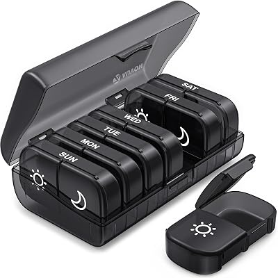 AUVON XL Weekly Pill Organizer 2 Times a Day, Pill Box 7 Day with One-Side Large Openings for Easy to Use, Black Privacy Protection AM PM Pill Case for Medication, Vitamins, Fish Oils, Supplements | XL Pill Box 7 Day, Black Privacy Protection AM PM Pill Case for Medication, Vitamins, Fish Oils, Supplements, Black