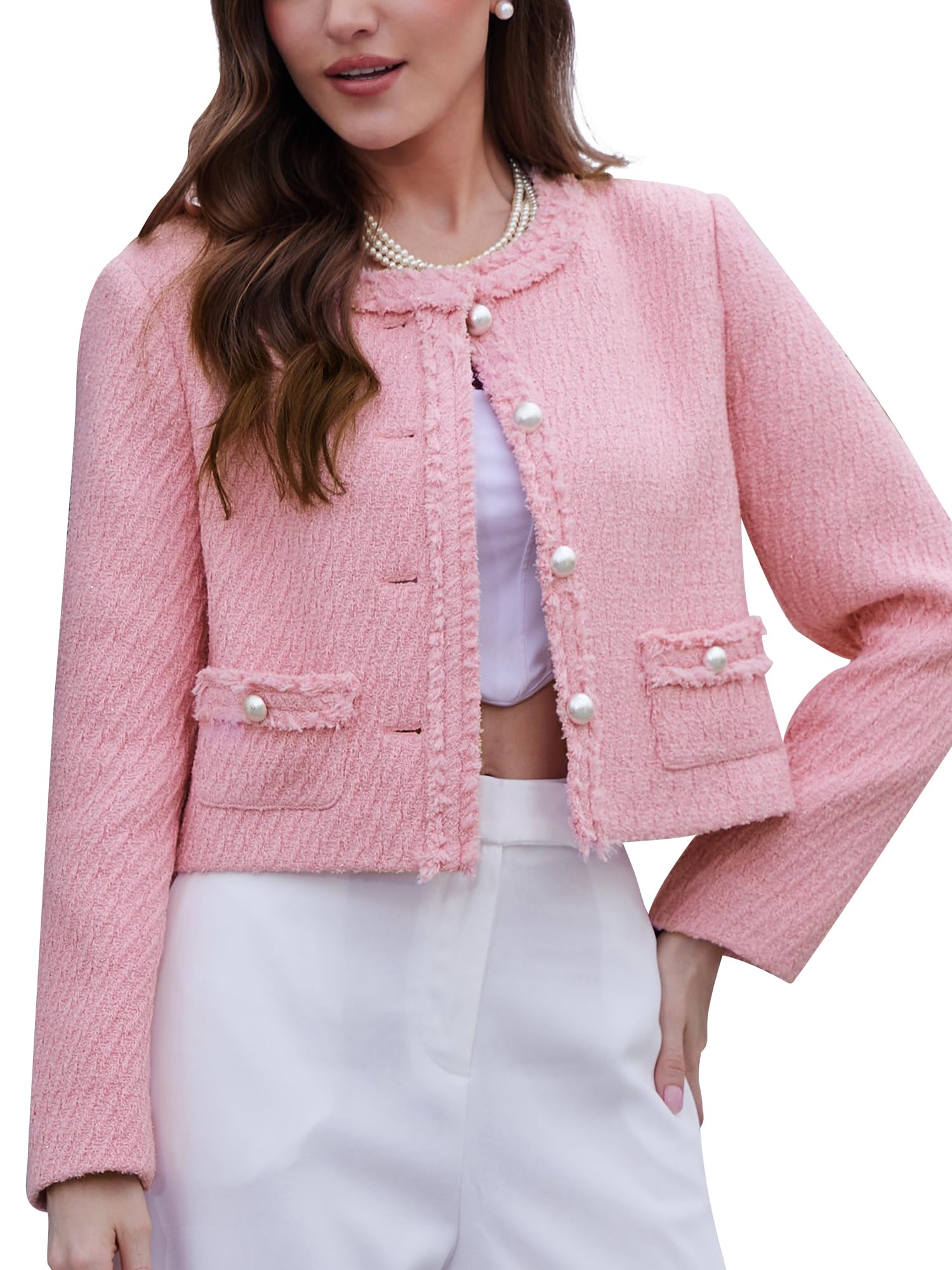 M.Infisavo Tweed Blazer Jackets for Womens with Pockets, Cropped Long Sleeve Open Front Collarless Elegant Casual Cardigan