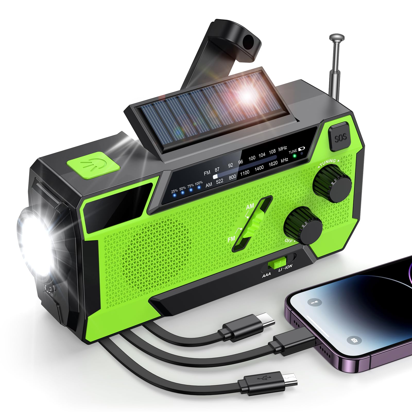 Kurbelradio, Radio mit Kurbel und Solar Notfall Ausrüstung mit 3 integrierten Kabeln, 4000mAh Notfallradio Emergency Power Bank mit LED Taschenlampe, AM/FM mit SOS Alarm für Survival, Ourdoor, Camping