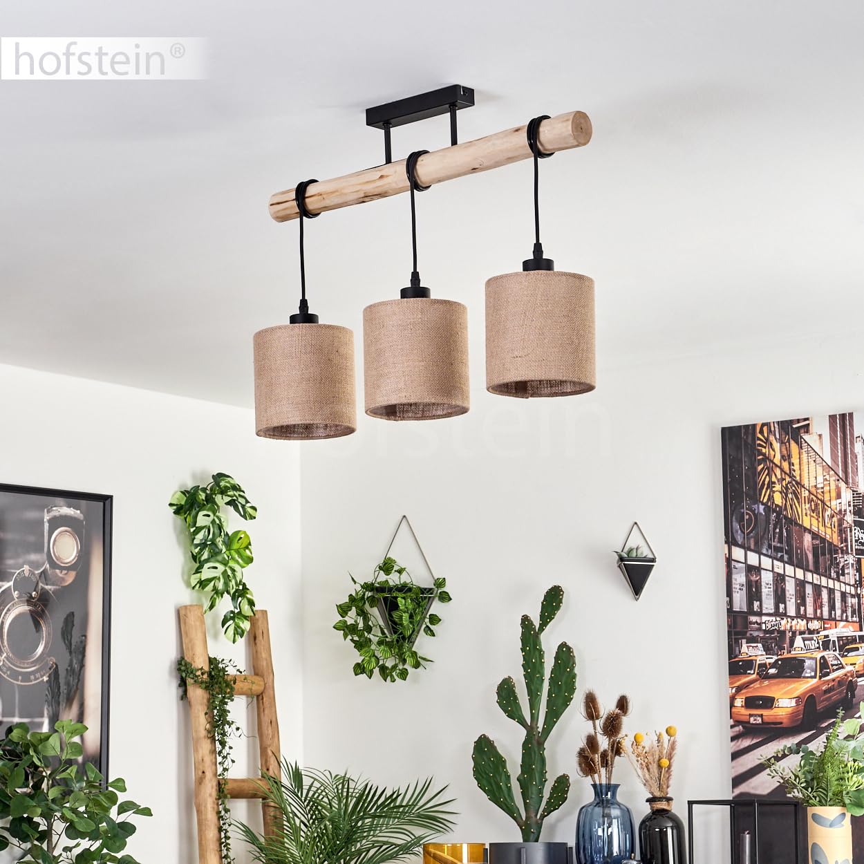 HOFSTEIN Lampada da soffitto Soungou moderna lampada da soffitto in legno/metallo/lino naturale/nero/beige, plafoniera a 3 luci, design scandinavo, 3 lampadine E27, altezza max. 82 cm, senza lampadina