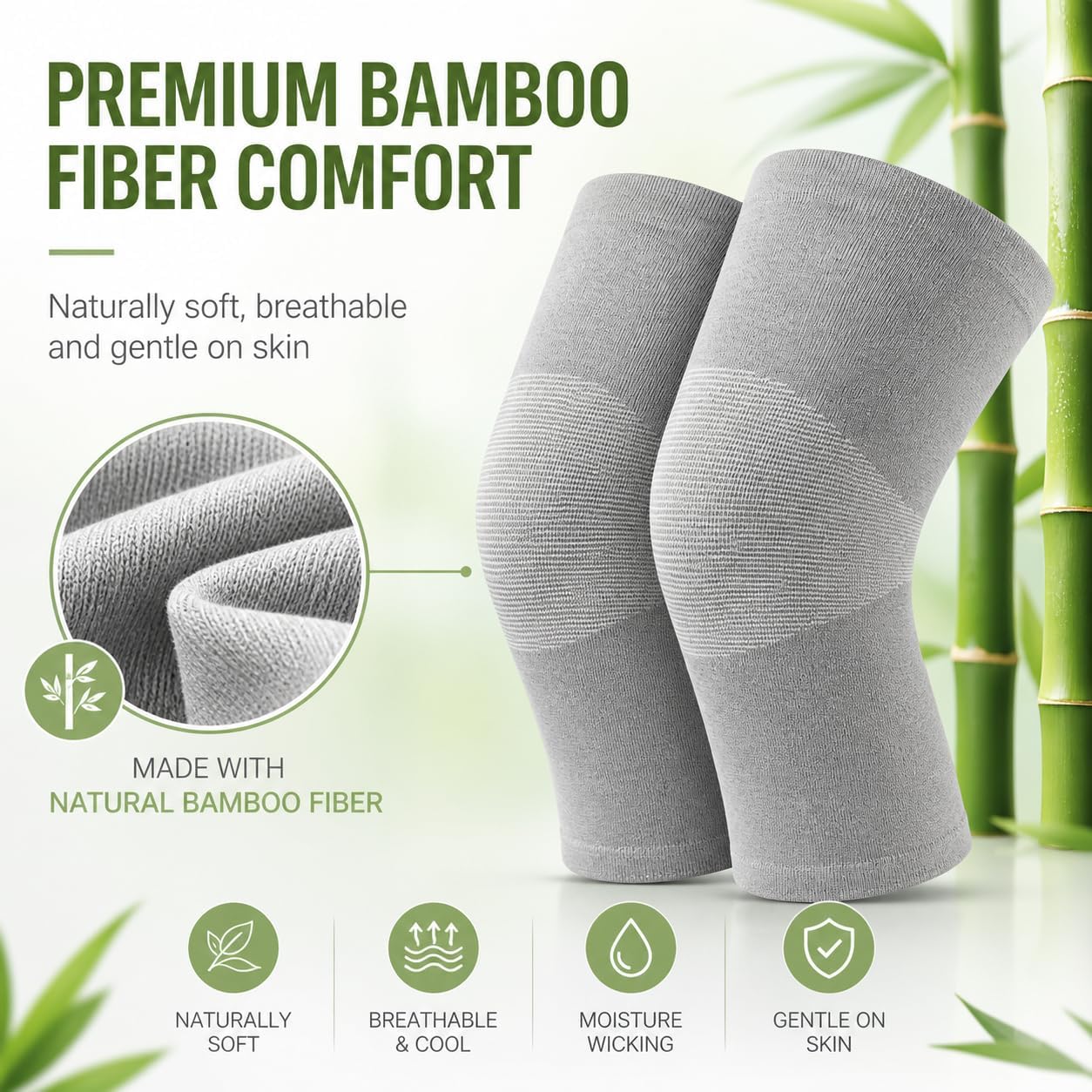 Bamboo Charcoal Knee Sleeve, 1 Pair Bamboo Knee Brace Compression Knee Support for Running, Walking, Workout, Daily Wear