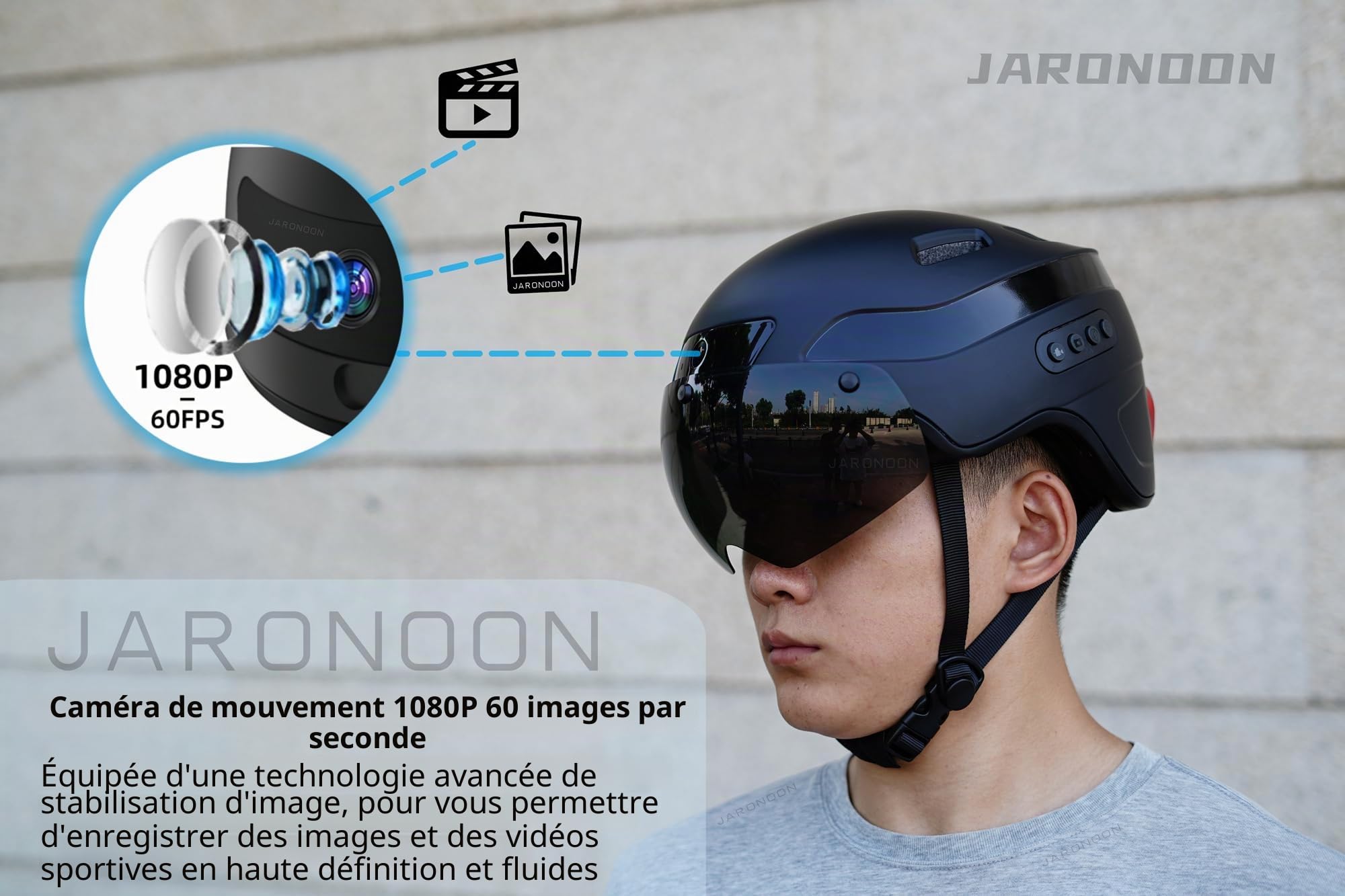Casque Intelligent Bluetooth pour Cycliste, avec caméra intégrée et feu arrière Clignotant, avec 1x Lunettes de Jour et 1x Lunettes de Nuit