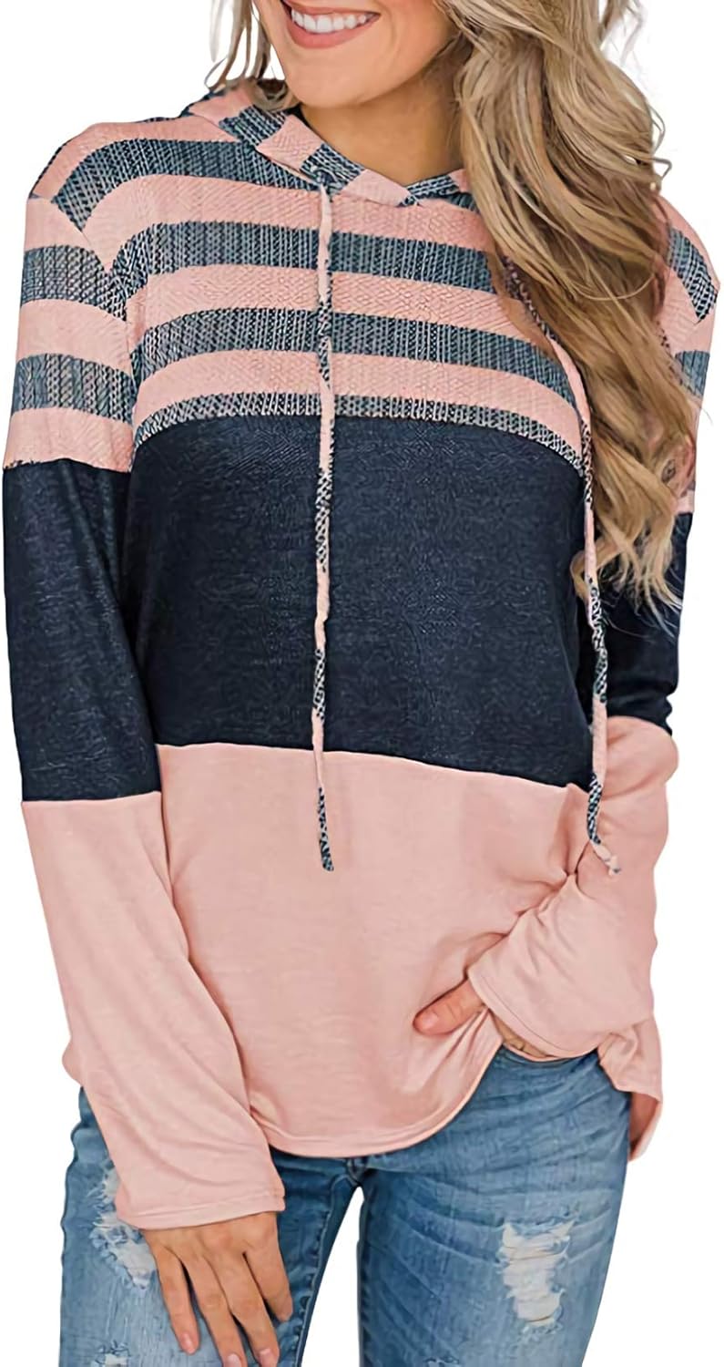 Alelly Women's pullover long sleeve stitching casual hooded sweatshirt pocket